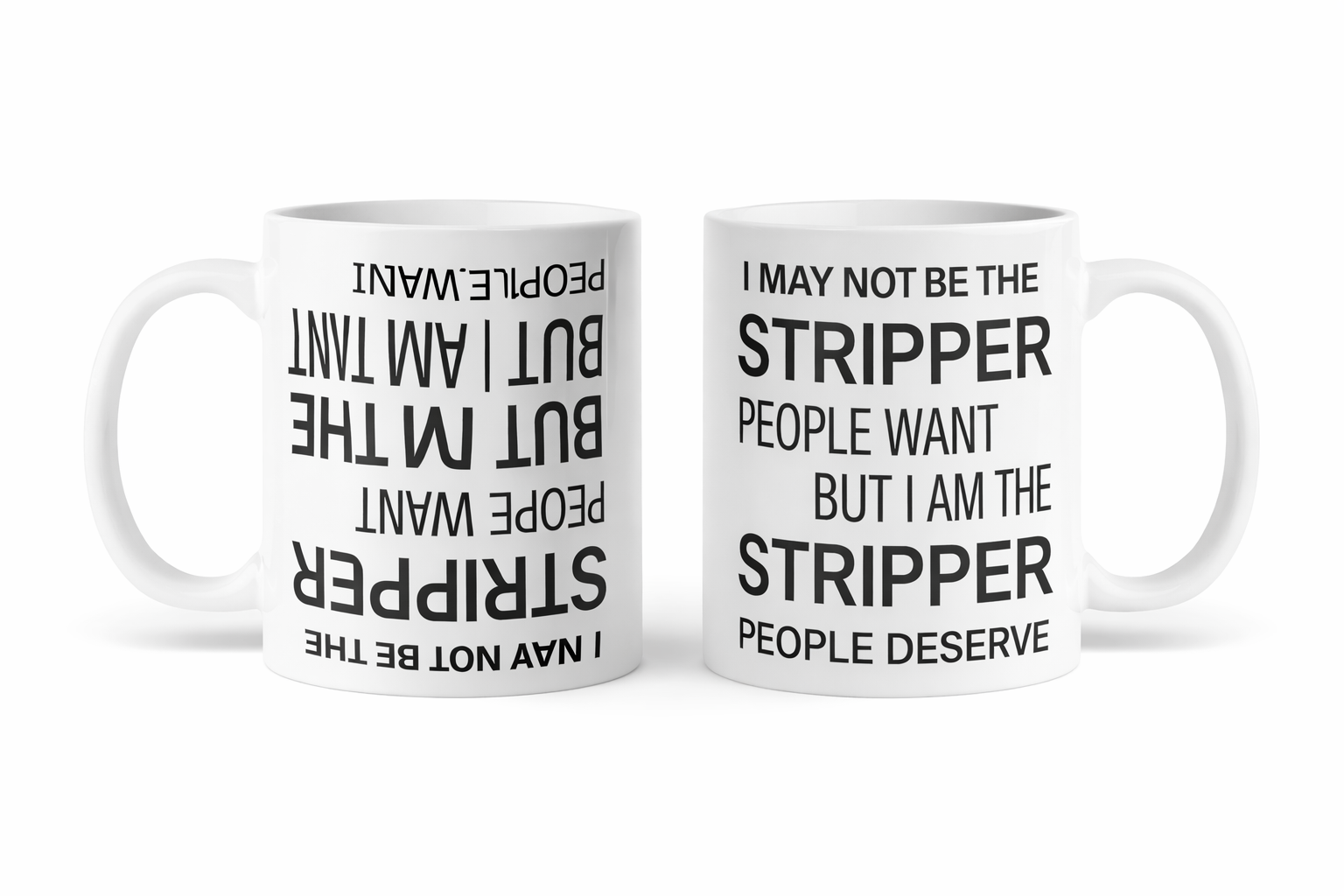 The Stripper Mug 2-Pack showing both mugs side by side - one right-side up, one upside down